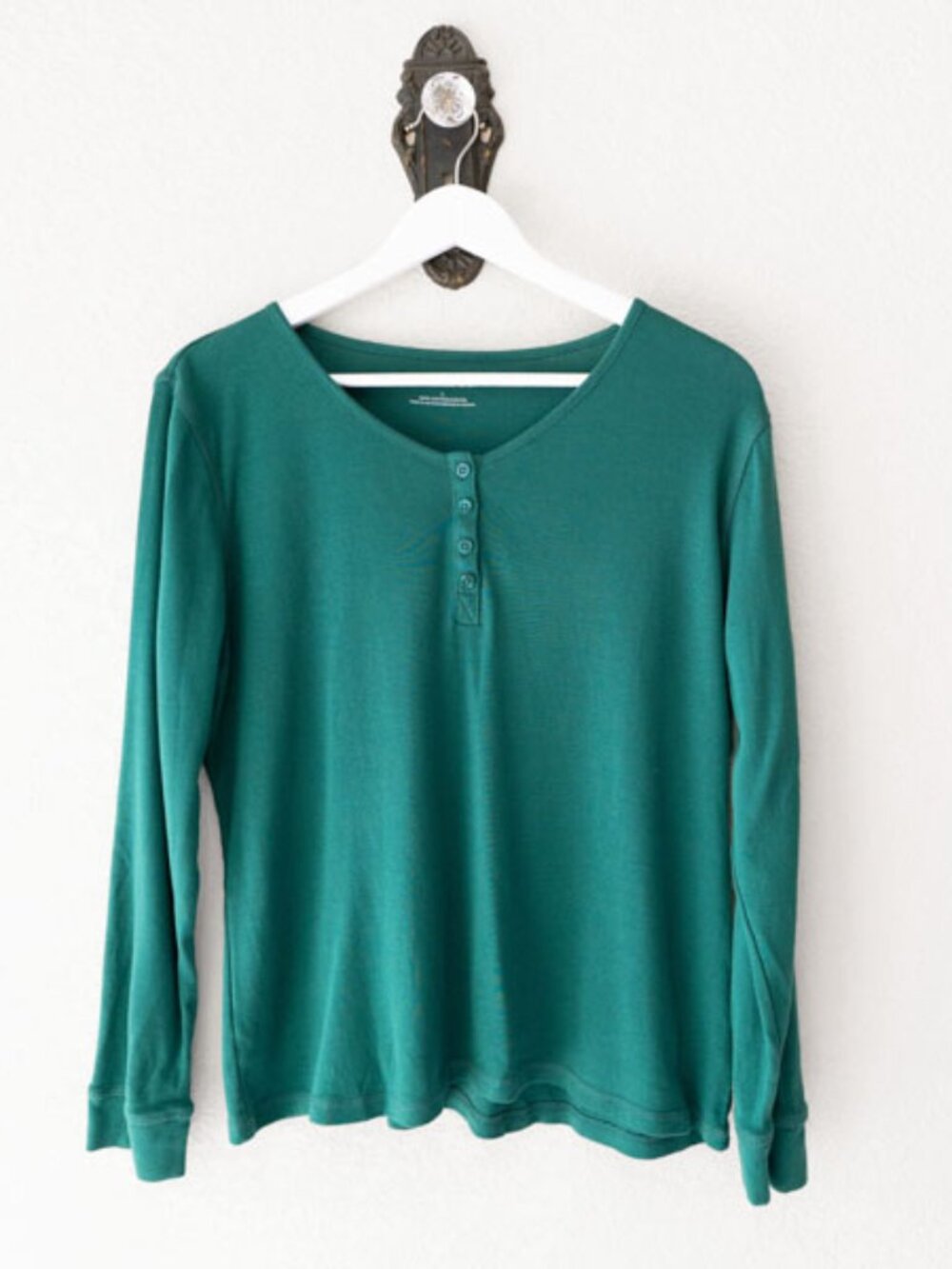 Talbots Green Cotton Top L Long Sleeve Henley Casual Classic Preppy